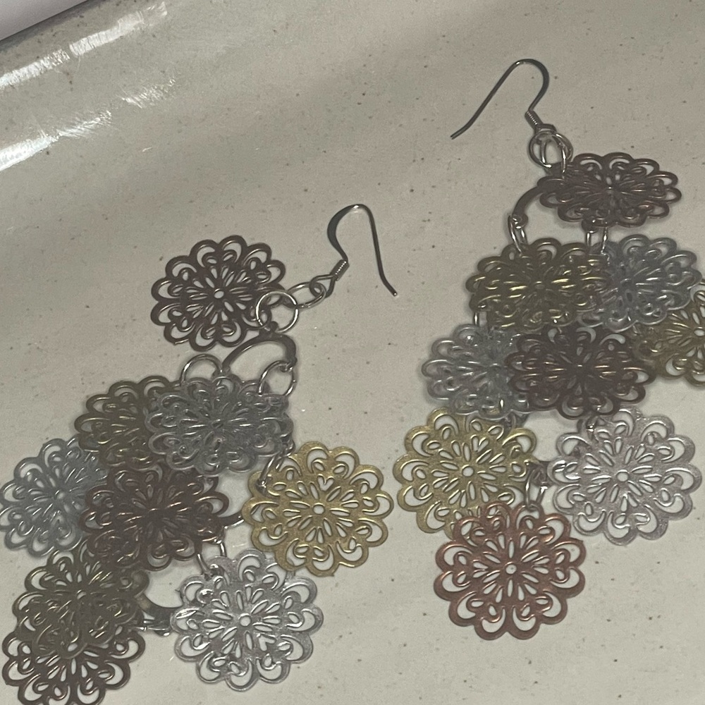 Boutique gold, silver and copper floral earrings
